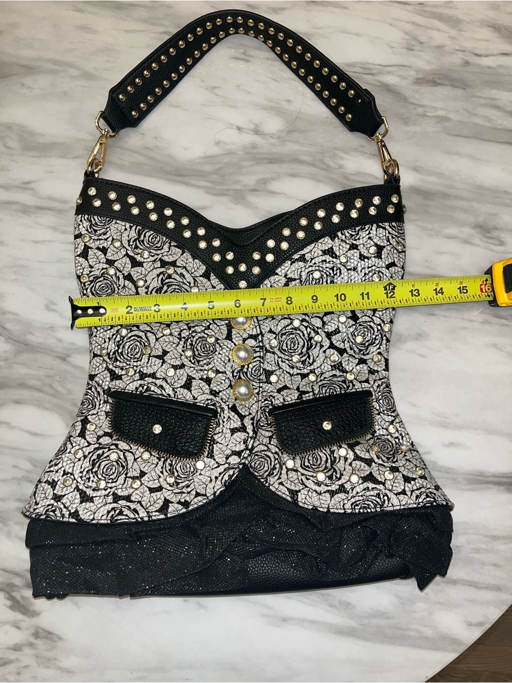 Black & White Rose Studded Corset-Style Shoulder Bag - Picture 13 of 13